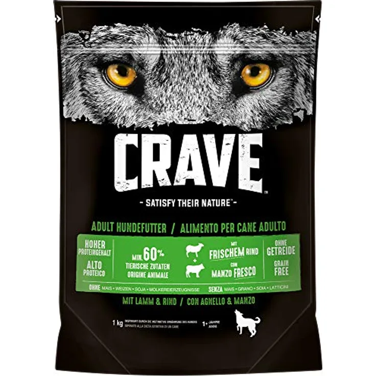 Crave Adult mit Lamm & Rind, Hunde-Trockenfutter mit 35% Protein, 1 kg, ohne Getreide