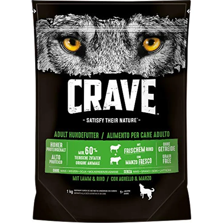 Crave Adult mit Lamm & Rind, Hunde-Trockenfutter mit 35% Protein, 1 kg, ohne Getreide – Bild 1