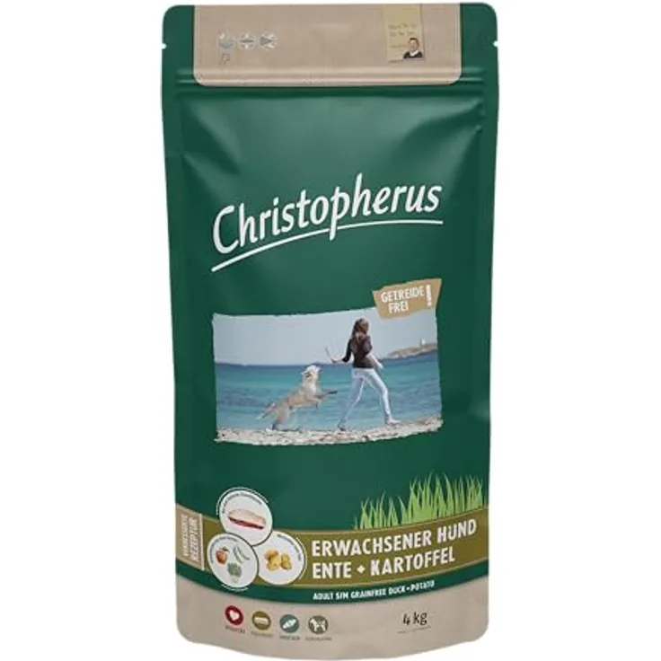 Christopherus Grainfree, Trockenfutter für den ausgewachsenen Hund, Ente + Kartoffel, glutenfrei, 4 kg, Krokettengröße ca. 1 cm