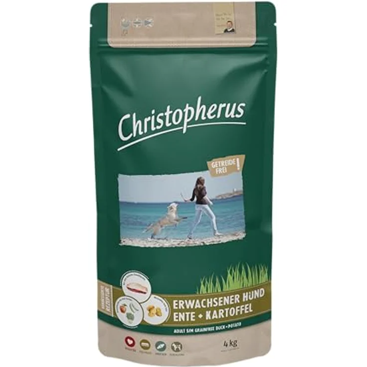 Christopherus Grainfree, Trockenfutter für den ausgewachsenen Hund, Ente + Kartoffel, glutenfrei, 4 kg, Krokettengröße ca. 1 cm – Bild 1