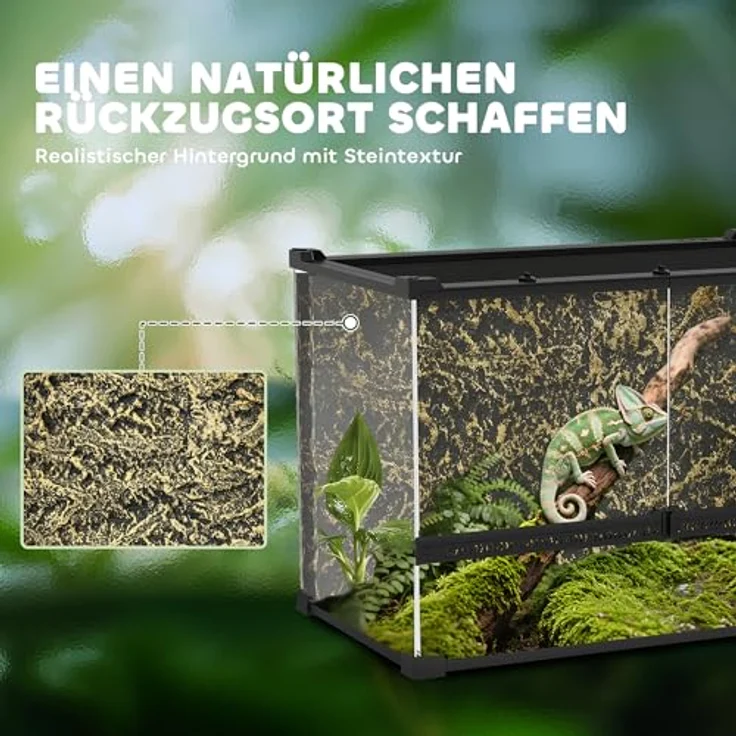 PawHut Terrarium für Reptilien, Glasterrarium 48L mit Frontbelüftung, Steinrückwand, ausbruchsicherem Drehverschluss, für Amphibien und Spinnen, Schwarz, 50 x 30 x 35 cm – Bild 4