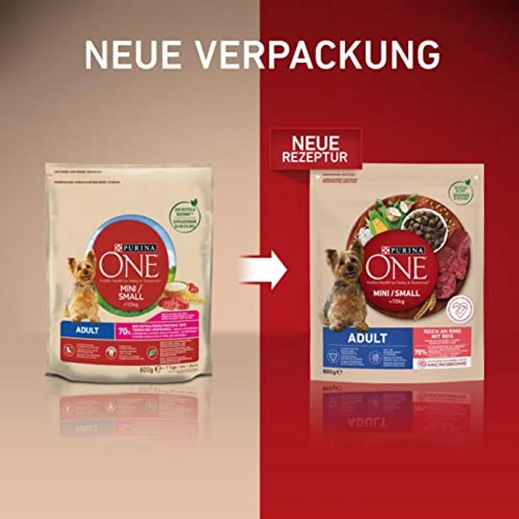 PURINA ONE Mini/Small Adult Hundefutter, trocken für kleine Hunde bis 9kg, reich an Rind und Reis, 8er Pack (8 x 800g) – Bild 2
