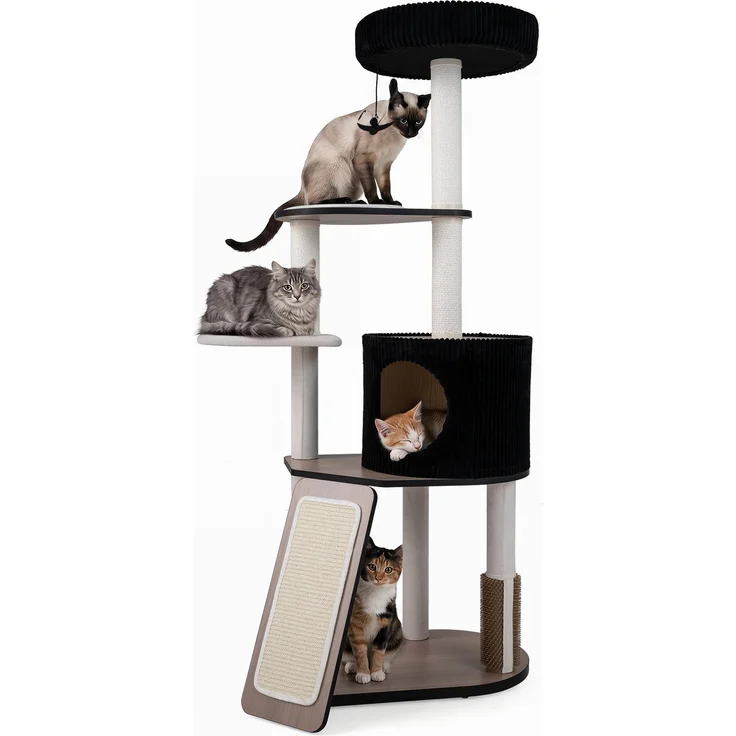 COSTWAY 155cm Kratzbaum, Mehrstöckiger Spielturm mit Rampe, Höhle, Plüsch-Liegeplatz und hängendem Spielzeug, Schwarz & Weiß
