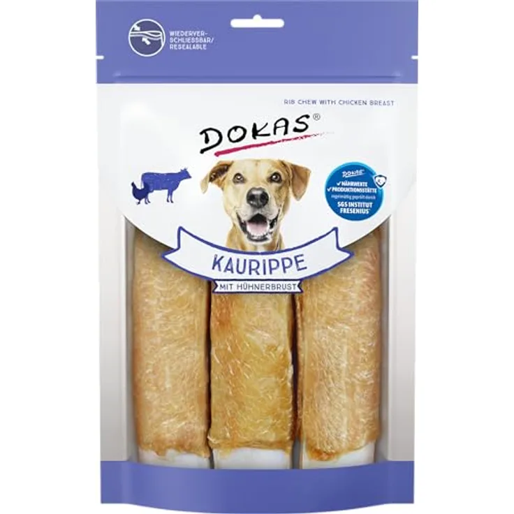 Dokas Kaurippe mit Hühnerbrust für Hunde, 10 x 210 g - Hochwertiger Hundesnack mit 80% Rinderhaut und 16% Hühnerbrustfilet