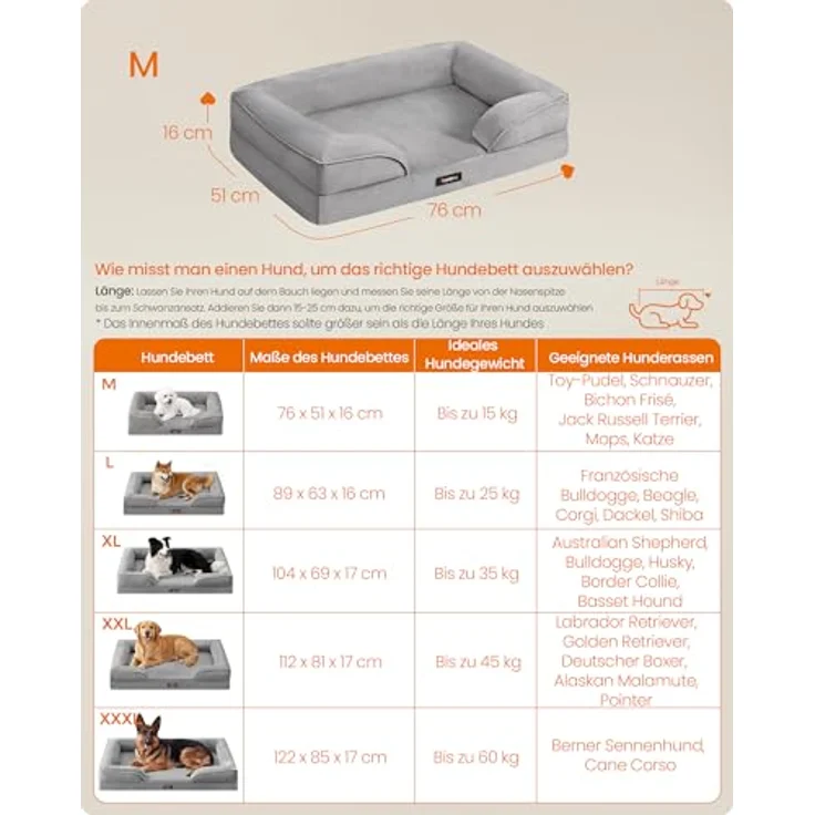 Feandrea Orthopädisches Hundebett M, 76 x 51 x 16 cm, erhöhter Rand, Noppenschaumstoff, abnehmbarer Bezug, waschbar, rutschfest, wasserabweisend, Taubengrau – Bild 5
