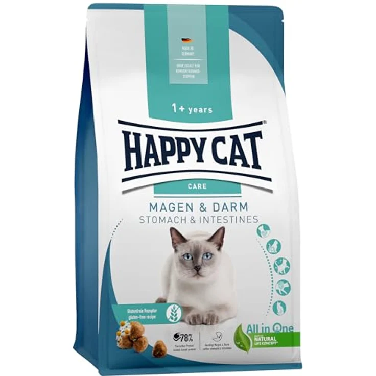 Happy Cat 70596 Care Magen & Darm, Katzen-Trockenfutter mit Ente für sensible Katzen, glutenfreie Rezeptur, 1,3 kg – Bild 1