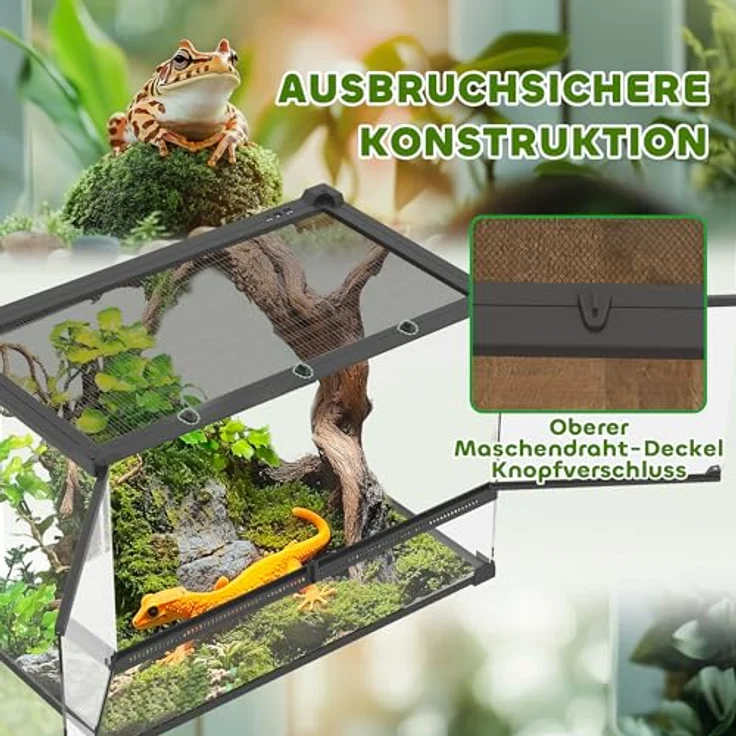 PawHut Terrarium für Reptilien, Glasterrarium 48L mit Frontbelüftung und ausbruchsicherem Drehverschluss, Reptilienzuchtbox für Amphibien und Spinnen, Schwarz 50 x 30 x 35 cm – Bild 4