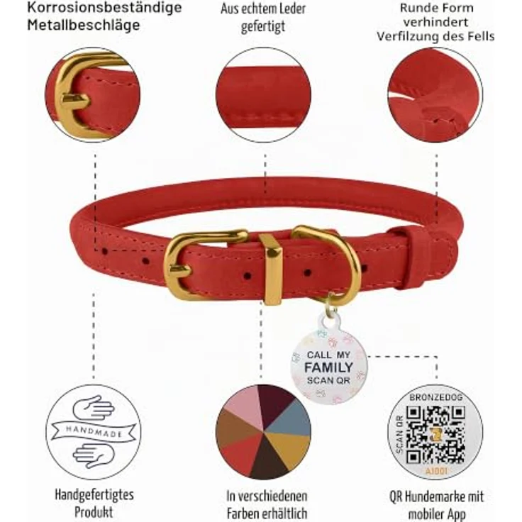 BRONZEDOG Hundehalsband gerolltes Leder mit QR-ID-Tag, verstellbar, weich, rund für kleine bis große Hunde und Katzen, klassisches Rot, 40-48 cm – Bild 3