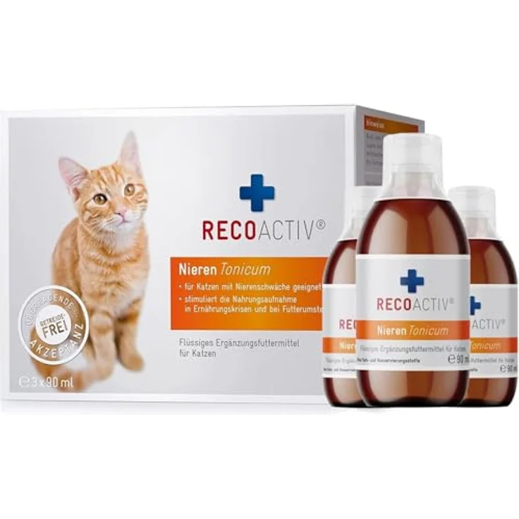 RECOACTIV Nieren Tonicum für Katzen, 3 x 90 ml, Ergänzungsfuttermittel bei Nierenfunktionsstörungen, Appetit anregend und hochverdauliches Protein – Bild 1