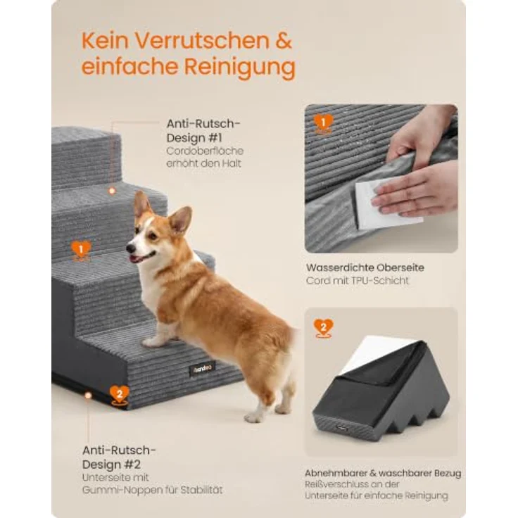 Feandrea Hundetreppe Baddi Kollektion PPS024GN01, 4 Stufen Katzentreppe aus hochdichtem Schaumstoff, 62 x 40 x 44 cm, Bleigrau, Waschbare Hunderampe für Kleine Hunde, Antirutsch-Oberfläche – Bild 5