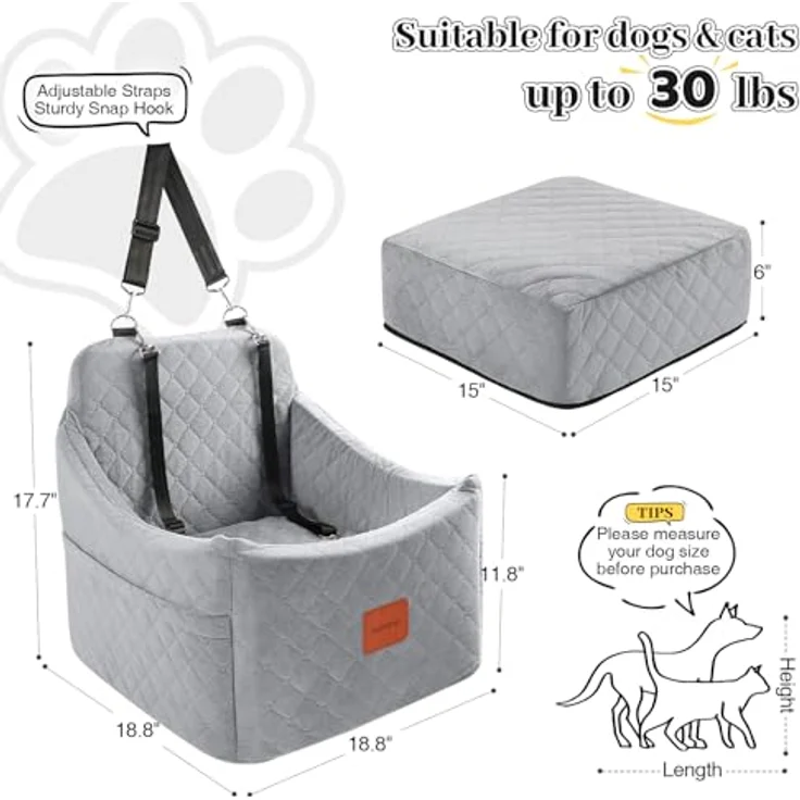 INDYBUD Hunde Autositz, Waschbarer Hundesitz für kleine bis mittlere Hunde mit Aufbewahrungstaschen, Ansteckbare Leine und verdicktem Memory-Schaum, grau, mittel – Bild 3