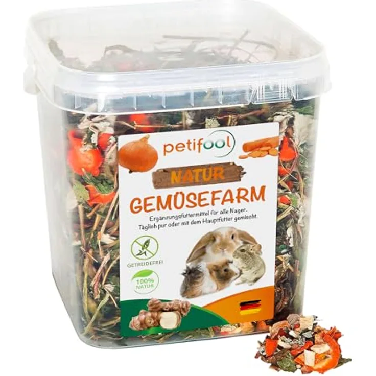 petifool Gemüsefarm 500g - Ergänzungsfutter für Nager, ohne künstliche Zusätze, 100% naturbelassen, frei von Getreide, artgerecht für Kaninchen, Meerschweinchen, Hamster und Chinchillas