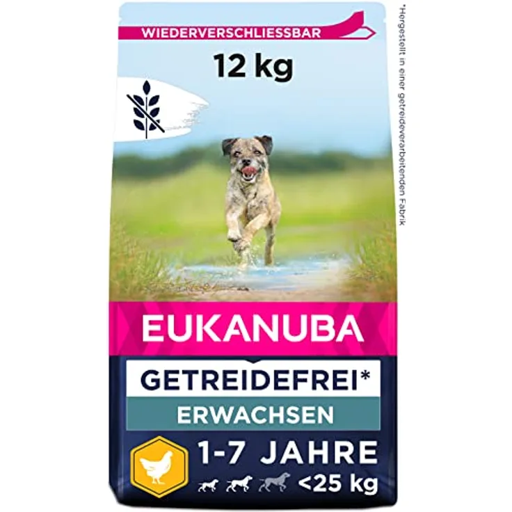 Eukanuba Hundefutter getreidefrei mit Huhn, Trockenfutter für kleine und mittelgroße Rassen, 12 kg, glutenfrei, reich an Proteinen, ohne künstliche Zusatzstoffe