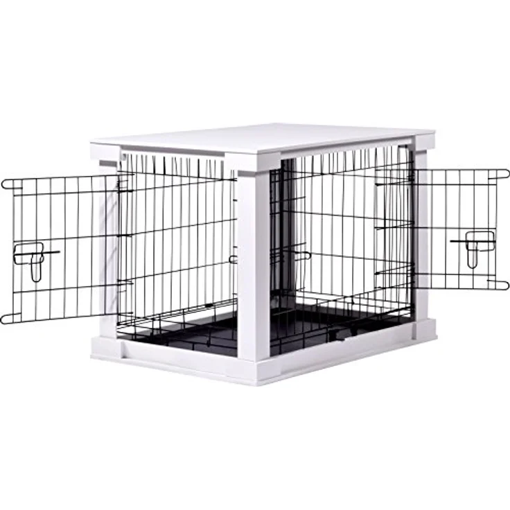 dobar® Design Hundekäfig aus Holz Gr. M, Hundebox mit Tischoberfläche und herausziehbarer Kunststoffwanne, 83 x 55 x 59 cm, Weiß – Bild 5