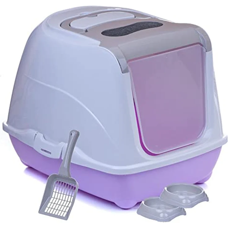 adena Katzentoilette Sondermodell 50, Hochwertiges Katzenklo mit Schaufel und Anti-Rutsch-Näpfen, graubeige und helllila – Bild 1