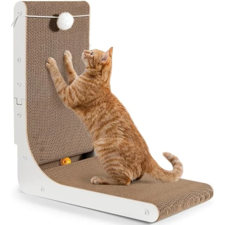Gimars L-förmiges Kratzbrett für Katzen, 47 cm hoch, mit Plüsch- und Klingelbällen, stabil und langlebig, für den Schutz von Möbeln, groß – Bild 1
