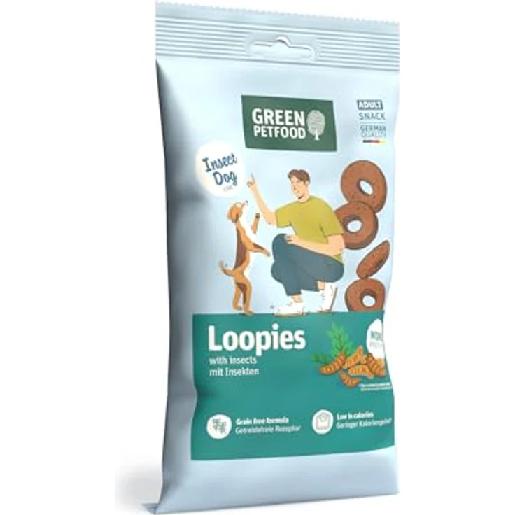 Green Petfood InsectDog Loopies, Hundeleckerlis mit Insekten für Erwachsene, Monoprotein, glutenfrei, kalorienarm, leicht portionierbar, 12 x 100 g Packung – Bild 1