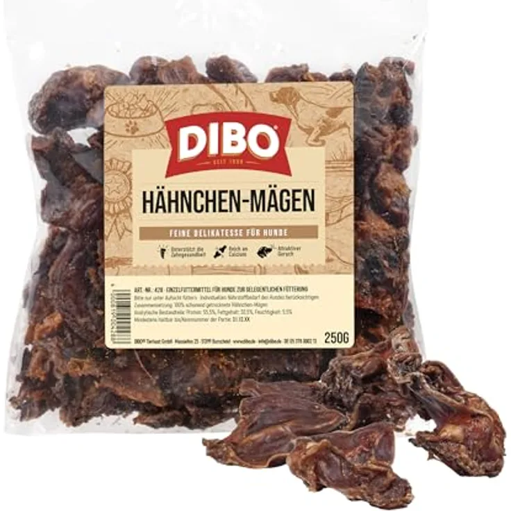 DIBO Hähnchenmägen 250g, Naturkau-Snack ohne chemische Zusätze, hochwertiges Hundefutter aus deutscher Herstellung