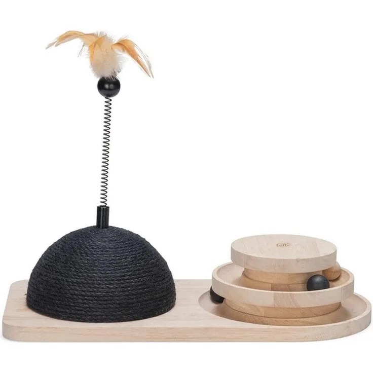 Designed by Lotte Maia, Holz Kratz- und Spielturm für Katzen mit kratzfestem Juteseil, 2 Etagen, Holzkugeln und wippender Feder, 50 x 24,5 x 38 cm
