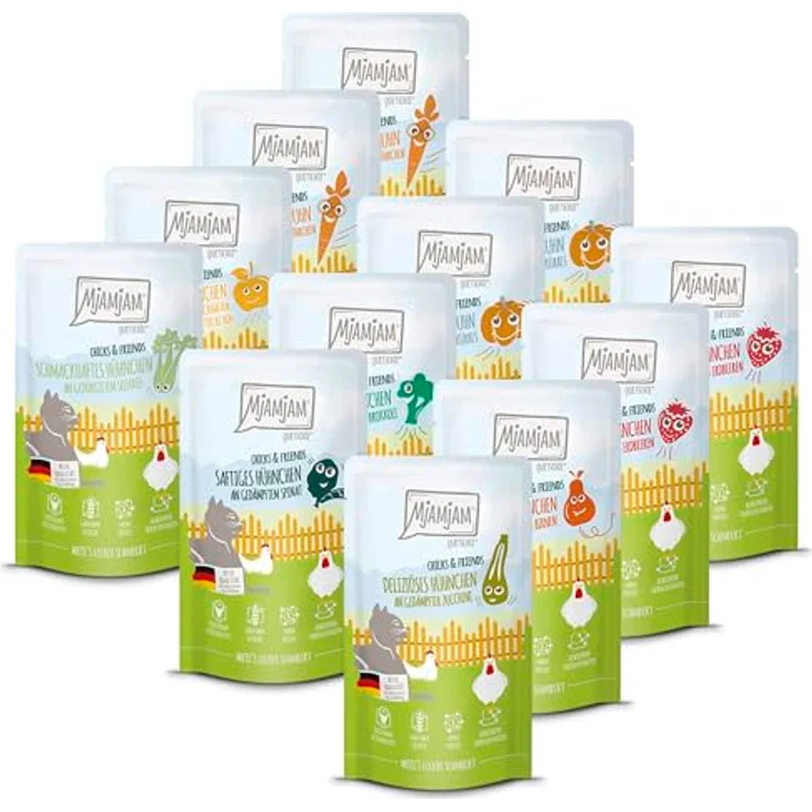 MjAMjAM Chicks und Friends Box, 12x125g Katzen-Nassfutter mit Hühnchenvariationen und Gemüsebeilagen – Bild 1