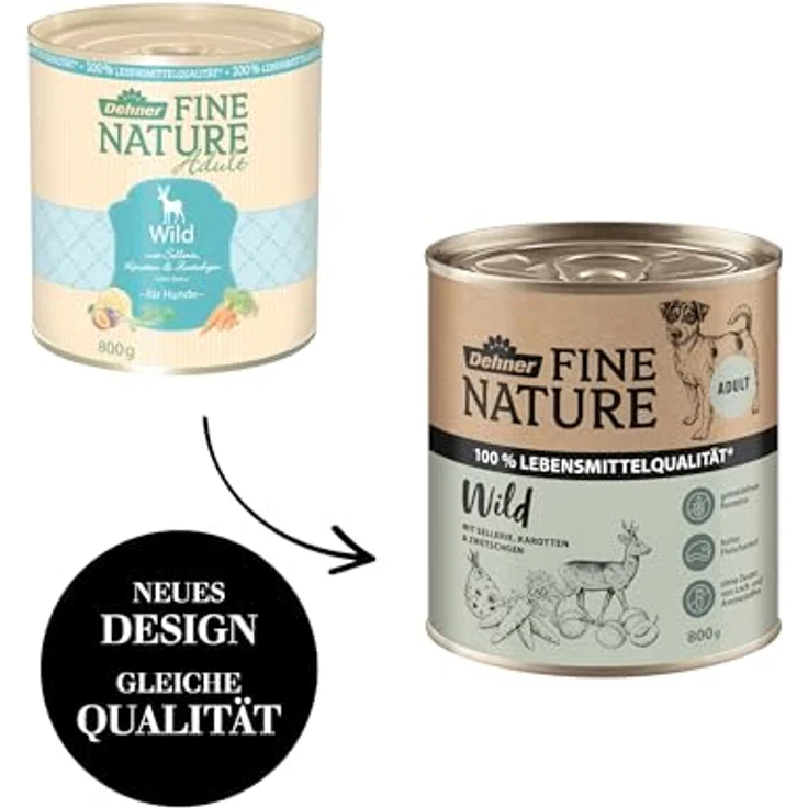 Dehner Fine Nature Hundefutter, Nassfutter in Lebensmittelqualität, getreidefrei für ausgewachsene Hunde, Wild mit Sellerie und Karotten, 6 x 800 g Dose (4.8 kg) – Bild 4