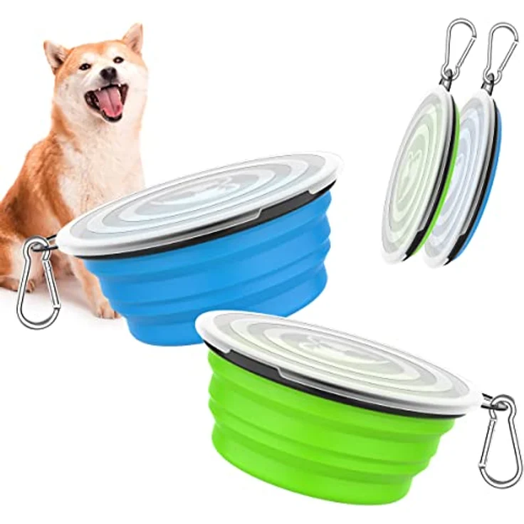 Pawaboo Faltbarer Hundenapf, 2 Stück, 450ml, auslaufsicher mit Deckel und Karabiner, tragbar für Hunde und Katzen, Blau + Grün – Bild 1