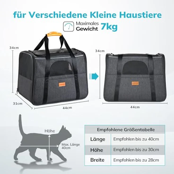 Morpilot Katzentransportbox für große Katzen und Welpen bis 7kg, faltbare Hundetasche mit Sicherheitsreißverschlüssen, inklusive langlebigem Kissen und tragbarer Schüssel, grau – Bild 2