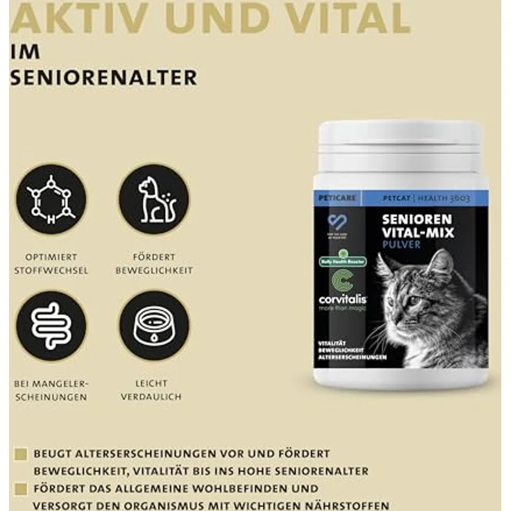 Peticare Senior Aktiv Vital Mix Pulver für alte Katzen, natürliches Ergänzungsfutter mit Grünlippmuschel, MSM und Curcuma, fördert Immunsystem & bei Mangelerscheinungen, 360g – Bild 2