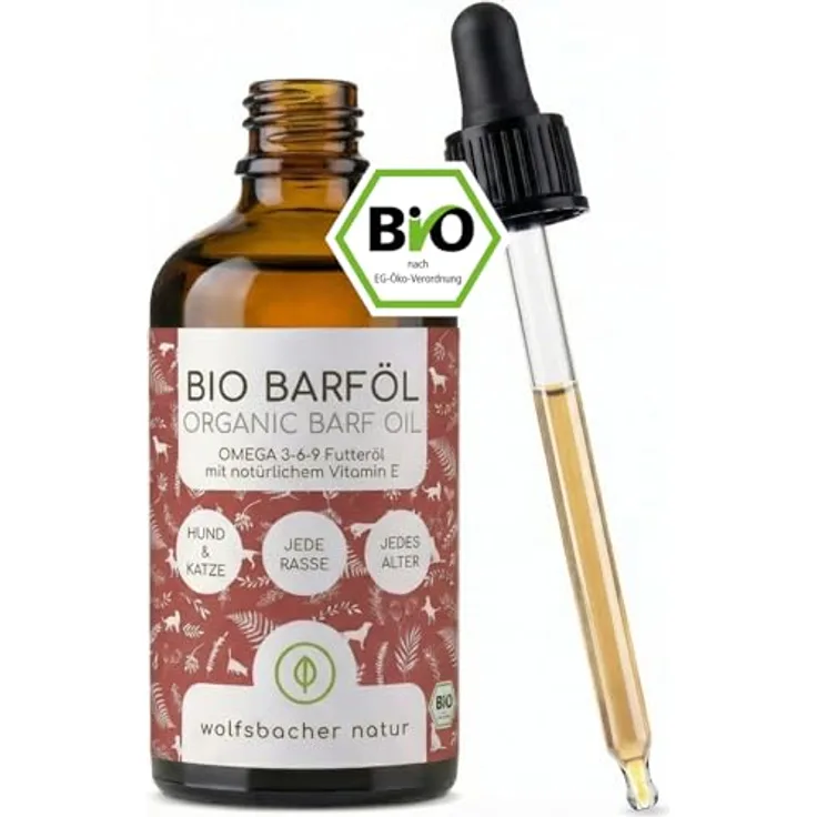 Wolfsbacher Futteröl für Hunde 100ml, 100% Bio Barföl aus Leinöl, Nachtkerzenöl, Olivenöl, Kürbiskernöl und Chiaöl, mit Omega 3-6-9, vegan und kaltgepresst, DE-ÖKO-060