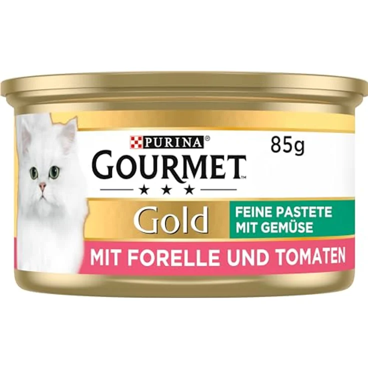 GOURMET Gold Feine Pastete mit Gemüse, Forelle und Tomaten, 12x85g, Alleinfuttermittel für ausgewachsene Katzen – Bild 1