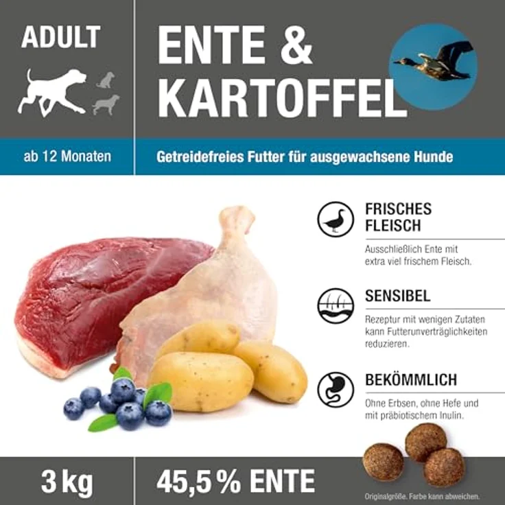 Wildsterne Ente & Kartoffel Adult 3 kg, Getreidefreies Trockenfutter mit 45,5 % Ente, Monoprotein, von Tierärzten entwickelt, hypoallergen, für empfindliche Hunde – Bild 2