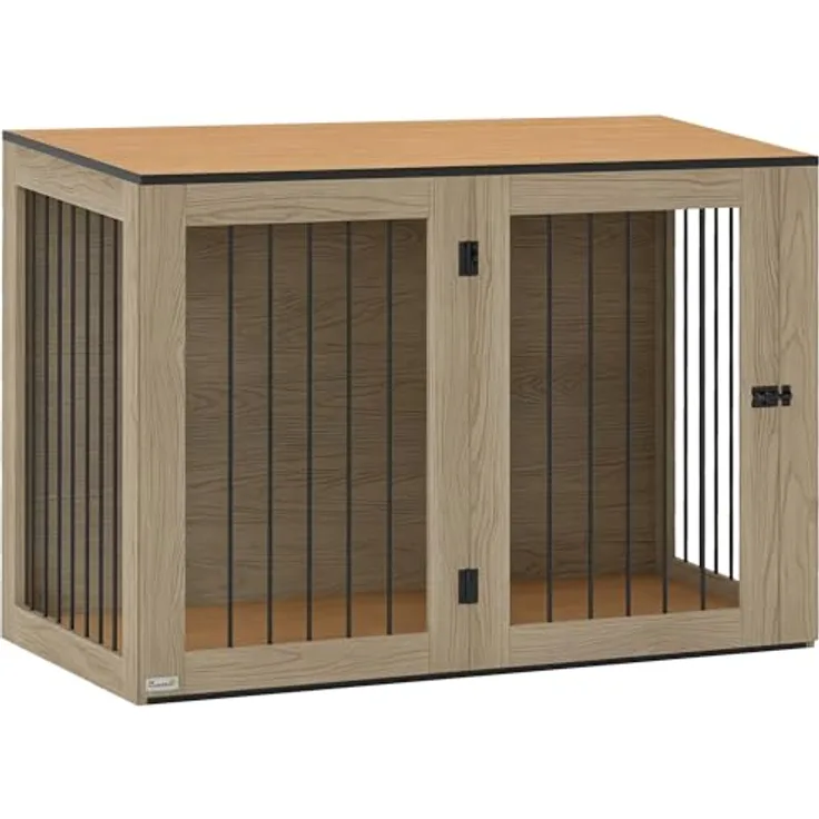 PawHut Hundekäfig Möbel, moderne Stahl Hundebox mit Türen und Fenster, geeignet für große Hunde bis 30 kg, Eiche, 106 x 60 x 76 cm