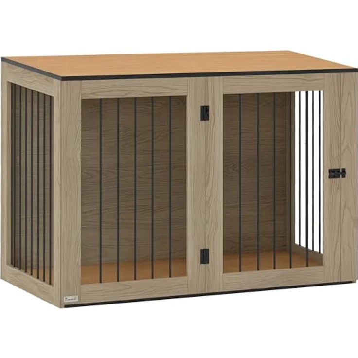 PawHut Hundekäfig Möbel, moderne Stahl Hundebox mit Türen und Fenster, geeignet für große Hunde bis 30 kg, Eiche, 106 x 60 x 76 cm – Bild 1