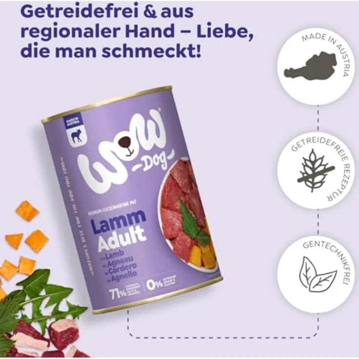 WOW Adult 6 x 400 g - Lamm, Hochwertiges Hunde-Nassfutter mit hohem Fleischgehalt, getreidefrei, unterstützt Haut und Fell, ohne Zuckerzusatz – Bild 5