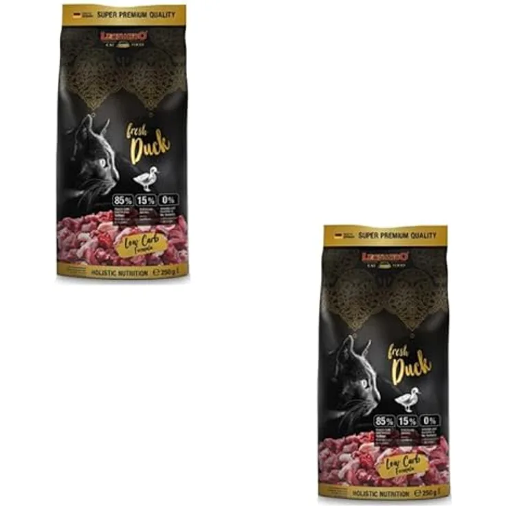 Leonardo Fresh Duck & Poultry, Trockenfutter für Katzen mit 85% Frischfleisch, Alleinfuttermittel, Doppelpack 2 x 250 g, low carb Formel, geeignet für erwachsene Katzen aller Rassen ab 1 Jahr