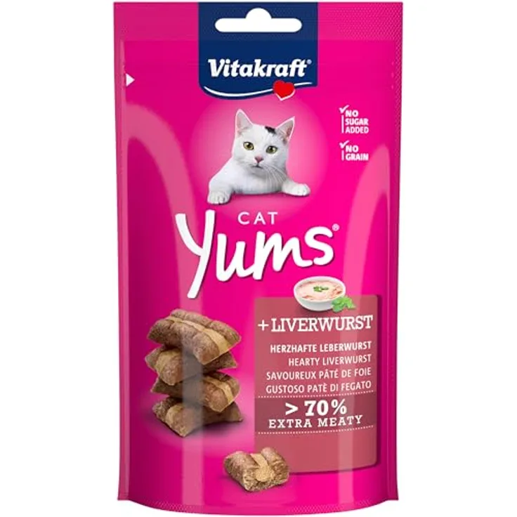 Vitakraft Cat Yums Leberwurst, Sparpaket mit 70% Fleischanteil, 3 x 40 g, ohne Zucker, saftige Konsistenz