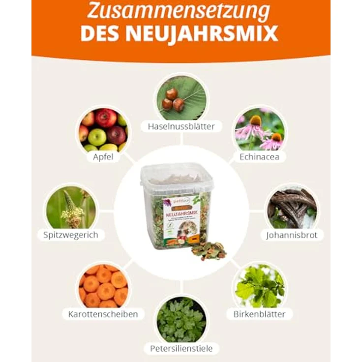petifool Neujahrsmix 410g, Ergänzungsfutter für Nager, 100% natürlich, ohne künstliche Zusätze, für Kaninchen, Meerschweinchen, Hamster, Chinchilla und mehr – Bild 4