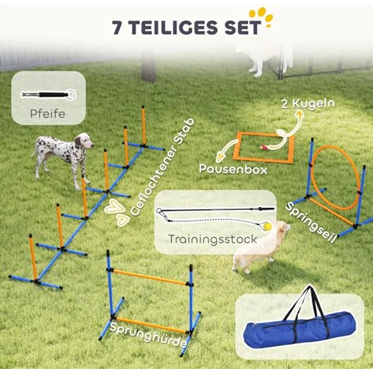 PawHut Agility Set Hunde 7-teilig, höhenverstellbare Agility-Ausrüstung mit Slalomstangen, Sprunghürde, Hula-Hoop und 2 Bällen für effektives Hundetraining – Bild 3