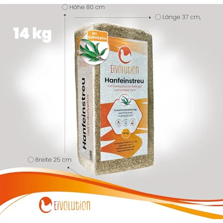 eivolution Hanfeinstreu mit Eukalyptus 14 kg - Staubfrei, hochsaugfähig und natürlich kompostierbar für Hühner & Pferde – Bild 3