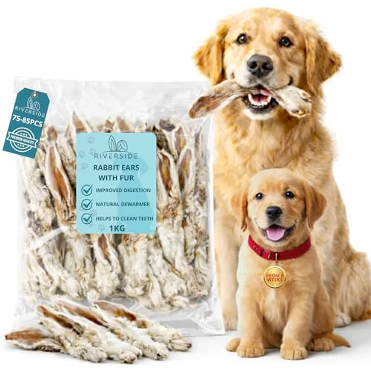 Riverside Hasenohren für Hunde mit Fell, 1 kg natürliche Kaninchenohren, luftgetrocknet, getreide- und glutenfrei, hypoallergen, hergestellt in der EU