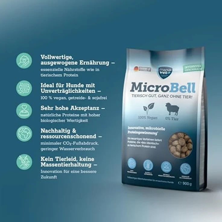 marsavet+ Marsavet MicroBell – Veganes Hundefutter-Set Groß mit mikrobiellem Protein, 4 kg Trockenfutter, 100 g Snacks, 3 × 300 g Nassfutter, hypoallergen und getreidefrei – Bild 3