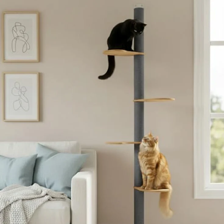 eyepower Kratzbaum zur Wandmontage Luna, 205cm Wandkratzbaum mit 4 drehbaren Bambus Plateaus und Sisalstämmen, platzsparende Kletterwand für Katzen – Bild 2