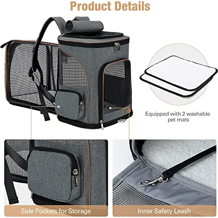 Lekesky XL Groß Katzenrucksack Hunderucksack für Haustiere bis 10 kg, erweiterbar und faltbar, grau, mit innerer Sicherheitsleine und 2 waschbaren Matten – Bild 4