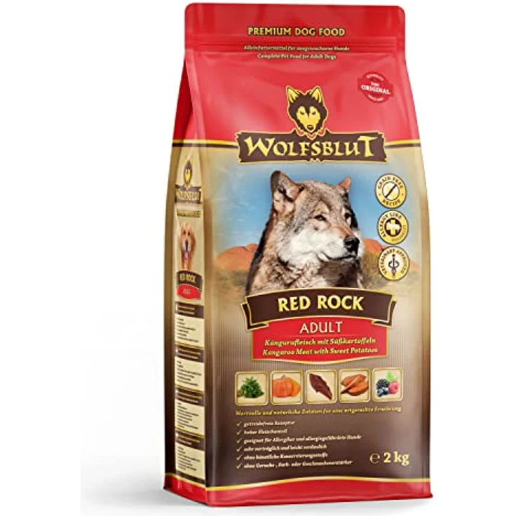 WOLFSBLUT Red Rock Adult, Trockenfutter mit Känguru und Superfoods, getreidefreies Alleinfutter, 2kg Beutel – Bild 1