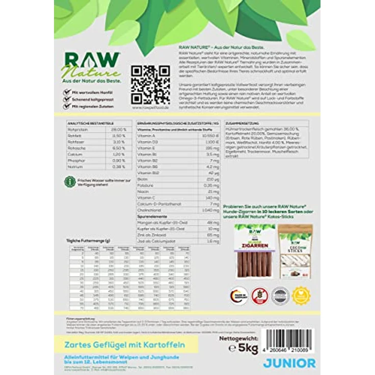 RAW Nature Trockenfutter JUNIOR mit Huhn 1kg, kaltgepresstes, getreidefreies Hundefutter, 100% Muskelfleisch, hoher Fleischanteil, ohne künstliche Zusätze, für alle Rassen und sensible Hunde geeignet – Bild 2