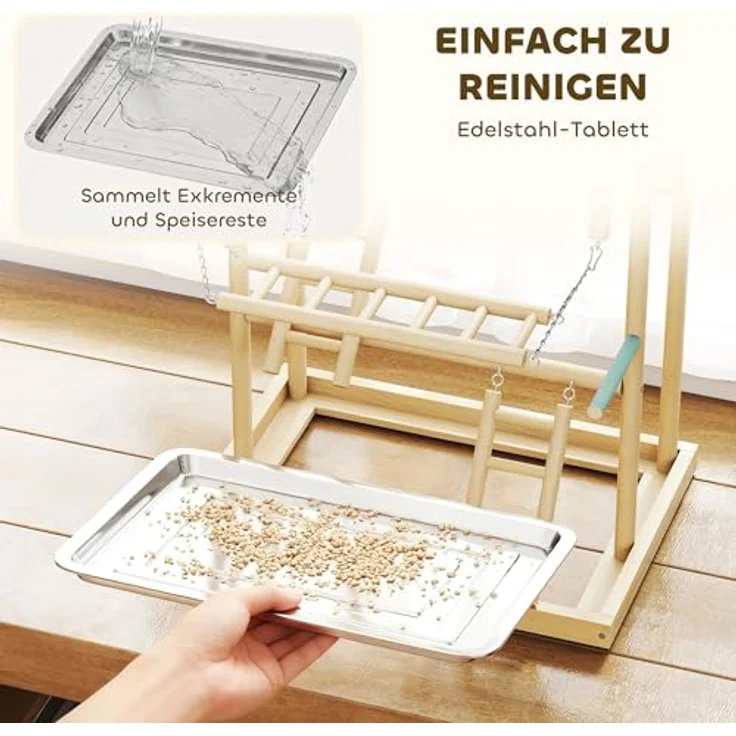 PawHut Vogelhaus mit Spielzeug, Naturholz, Edelstahlwanne für Nymphensittiche, Conures und Unzertrennliche – Bild 5