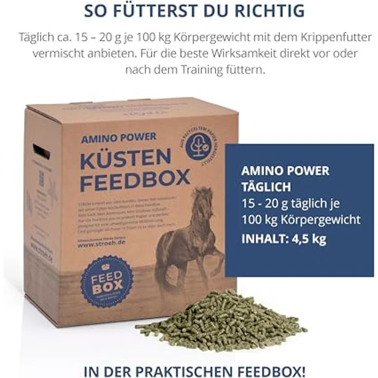 STRÖH Amino Power Pferd (4,5 kg), getreidefreies Ergänzungsfutter mit essenziellen Aminosäuren und Spirulina, Muskelaufbau für Sport- und Jungpferde, nachhaltige Verpackung – Bild 4