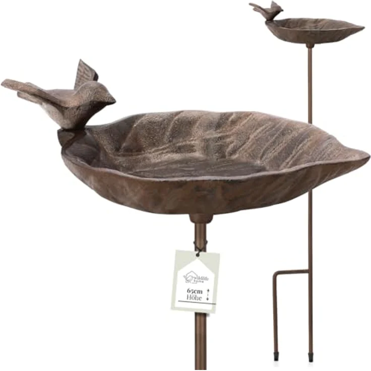 wildlife home Vogeltränke auf Stab im Blatt-Design, frostsicher und witterungsbeständig aus Gusseisen, pour Garten und Balkon, 16 x 12,5 x 65 cm – Bild 1