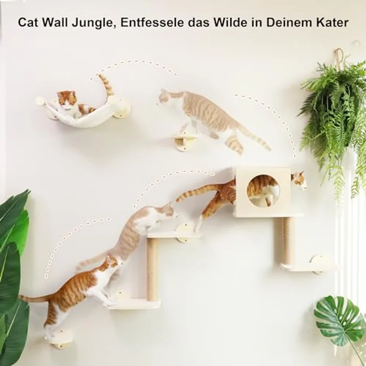 FUKUMARU Kletterwand für Katzen, 5-teiliges Wandregal-Set mit Hängematte, Katzenhaus, Katzentreppe und Kratzbaum, stabile Birken-Multi-Schichtplatte, beige – Bild 2