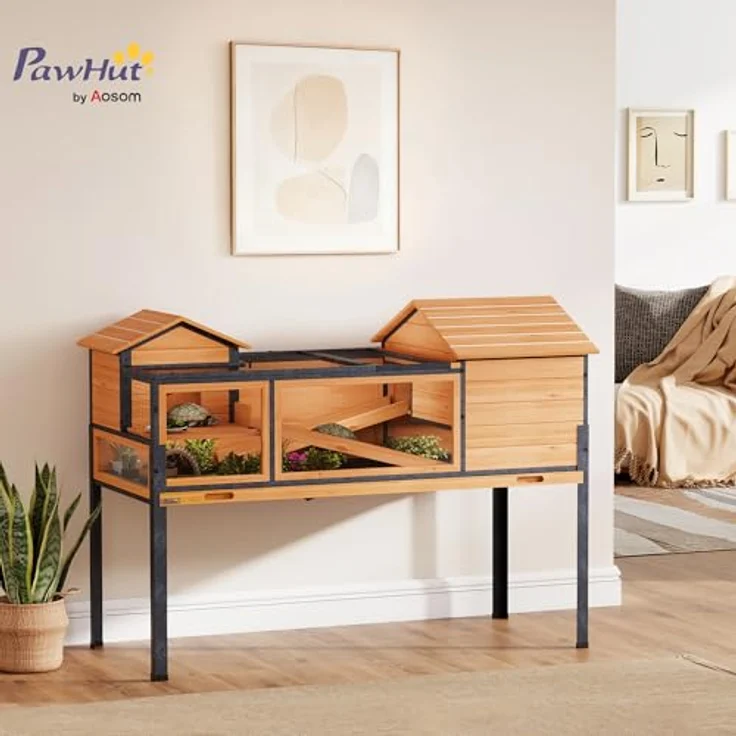 PawHut Schildkrötenhaus aus Holz, erhöhtes Schildkrötengehege mit 2 Etagen, Sichtfenstern und aufklappbarem Deckel, 128x63x96cm, gelb – Bild 2